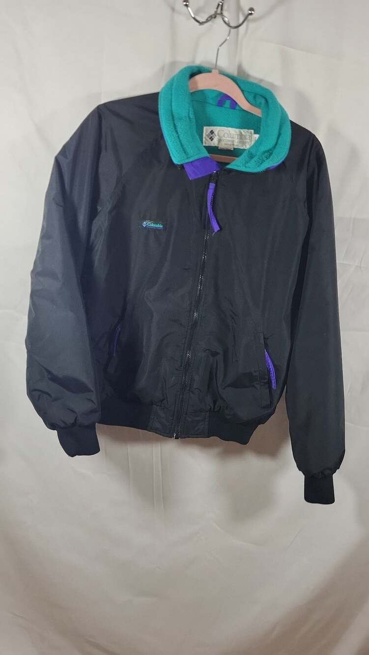 Vintage 90s Columbia Radial Sleeve Fleece Lined Jacket Black with Teal and Purpl